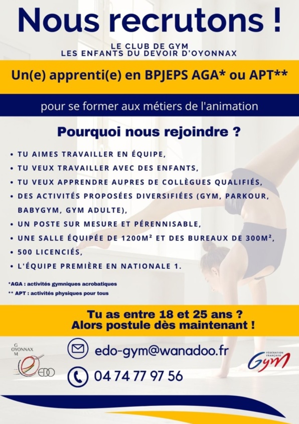 Recherche apprenti(e) BPJEPS AGA ou APT